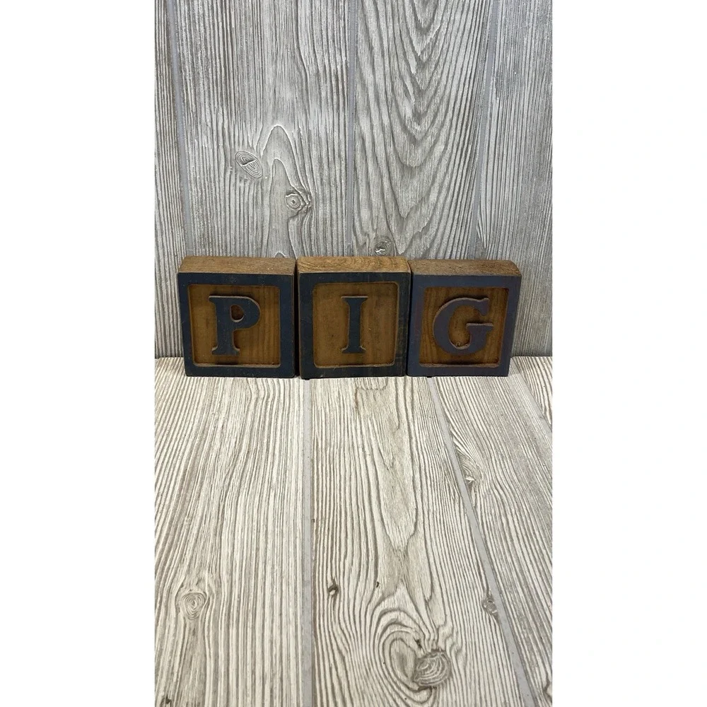 Vintage PIG Primitive Handmade Blocks Jumbo Wooden Set Of 3 Letters P, I, G 3.5